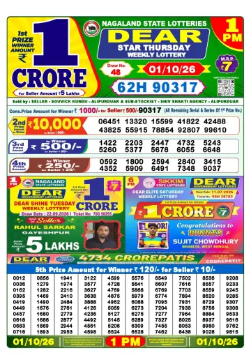 Lottery Sambad 1 PM result sheet 1 Oct 2026