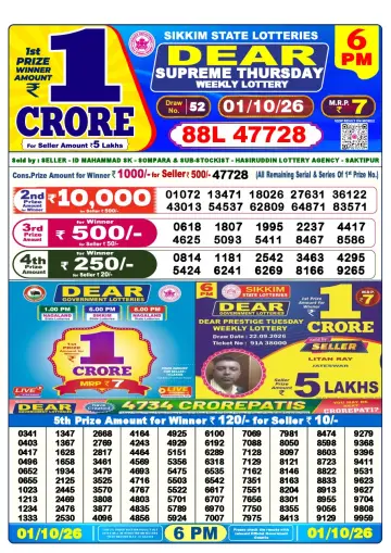 Lottery Sambad 6 PM result sheet 1 Oct 2026