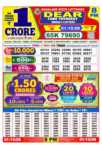 Lottery Sambad 8 PM result sheet 1 Oct 2026