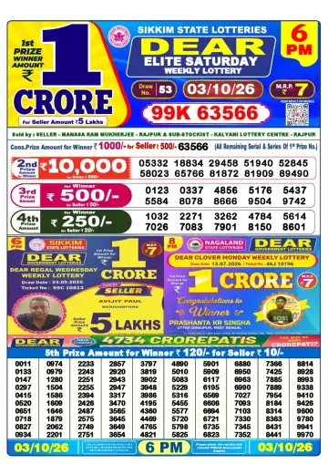Lottery Sambad 6 PM result sheet 3 Oct 2026