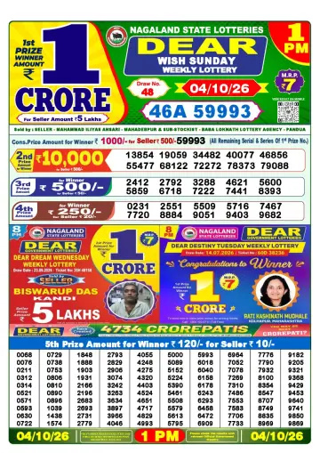 Lottery Sambad 1 PM result sheet 4 Oct 2026
