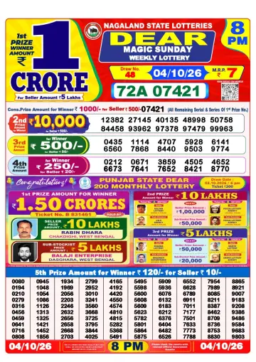 Lottery Sambad 8 PM result sheet 4 Oct 2026