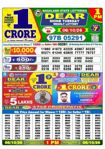 Lottery Sambad 1 PM result sheet 6 Oct 2026