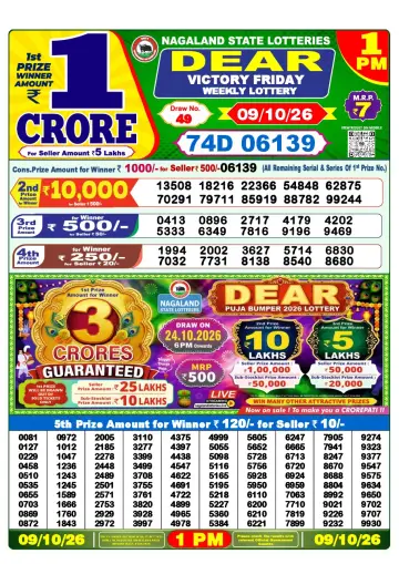 Lottery Sambad 1 PM result sheet 9 Oct 2026
