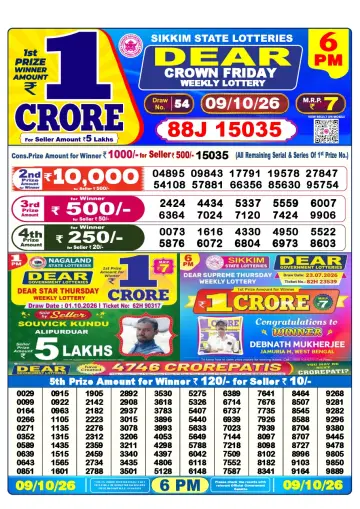 Lottery Sambad 6 PM result sheet 9 Oct 2026