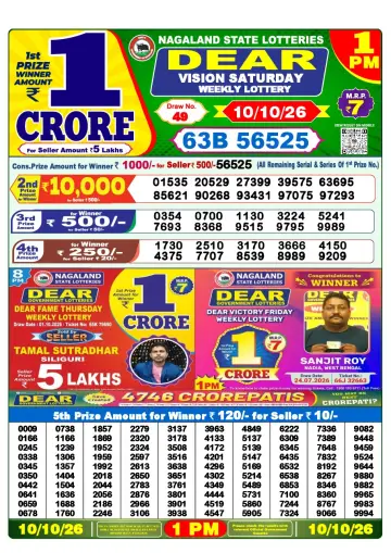 Lottery Sambad 1 PM result sheet 10 Oct 2026