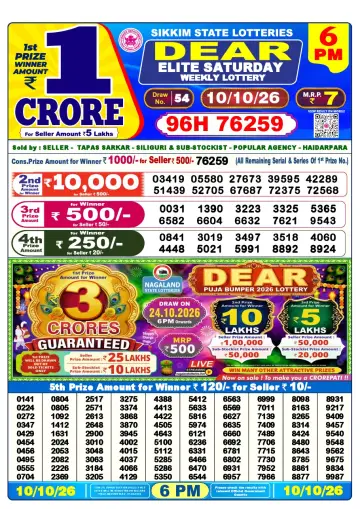 Lottery Sambad 6 PM result sheet 10 Oct 2026