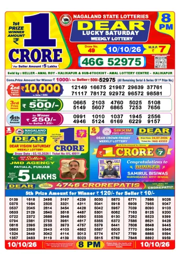 Lottery Sambad 8 PM result sheet 10 Oct 2026