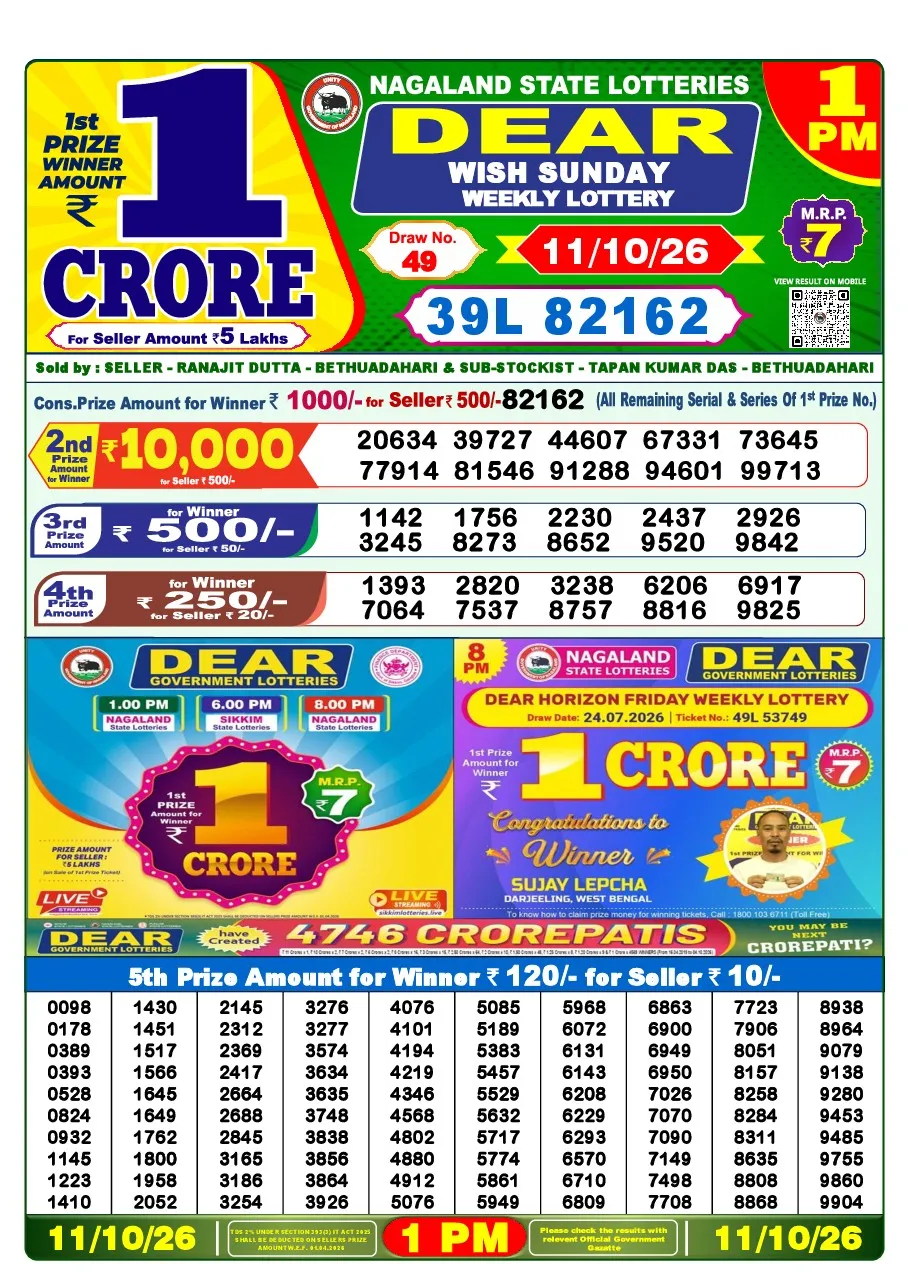 Lottery Sambad 1 PM result 11 Oct 2026 — first prize 39L 82162