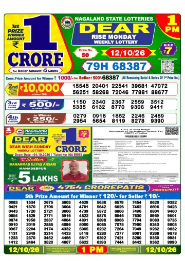 Lottery Sambad 1 PM result sheet 12 Oct 2026