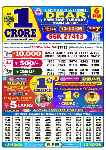 Lottery Sambad 6 PM result sheet 13 Oct 2026