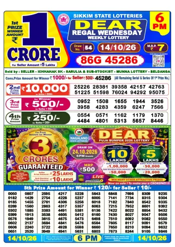 Lottery Sambad 6 PM result sheet 14 Oct 2026