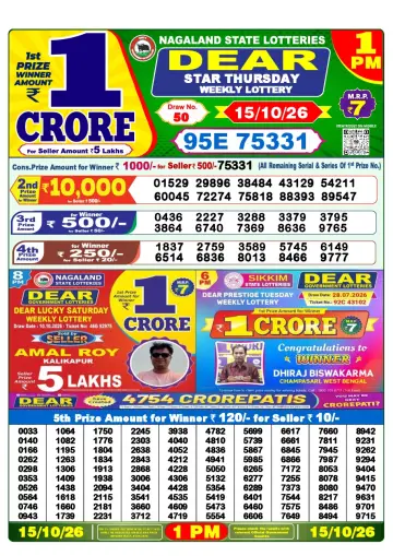 Lottery Sambad 1 PM result sheet 15 Oct 2026