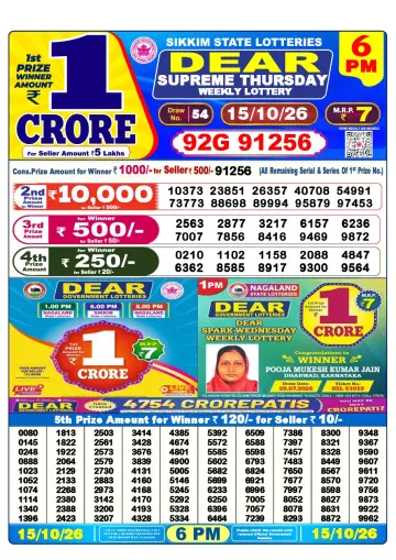 Lottery Sambad 6 PM result sheet 15 Oct 2026