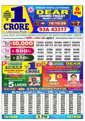 Lottery Sambad 6 PM result sheet 16 Oct 2026