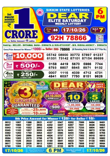 Lottery Sambad 6 PM result sheet 17 Oct 2026