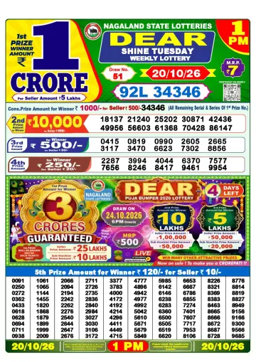 Lottery Sambad 1 PM result sheet 20 Oct 2026