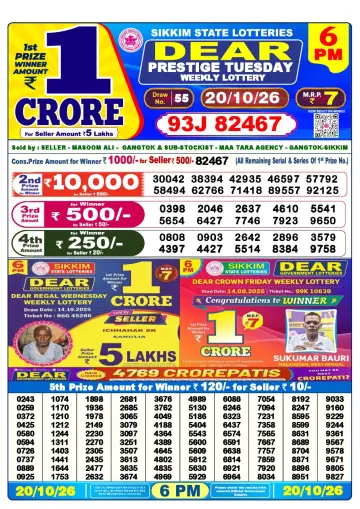 Lottery Sambad 6 PM result sheet 20 Oct 2026