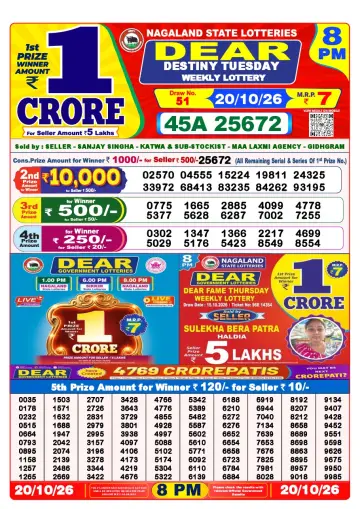 Lottery Sambad 8 PM result sheet 20 Oct 2026