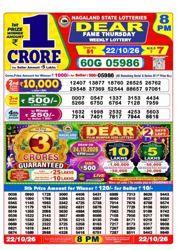 Lottery Sambad 8 PM result sheet 22 Oct 2026