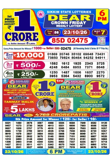 Lottery Sambad 6 PM result sheet 23 Oct 2026