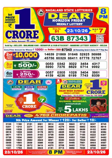 Lottery Sambad 8 PM result sheet 23 Oct 2026