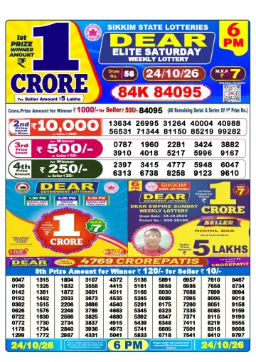Lottery Sambad 6 PM result sheet 24 Oct 2026
