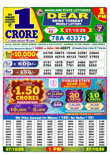 Lottery Sambad 1 PM result sheet 27 Oct 2026
