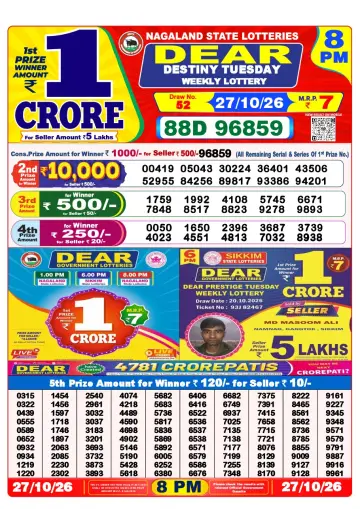 Lottery Sambad 8 PM result sheet 27 Oct 2026