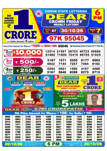 Lottery Sambad 6 PM result sheet 30 Oct 2026