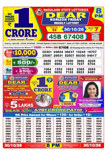 Lottery Sambad 8 PM result sheet 30 Oct 2026