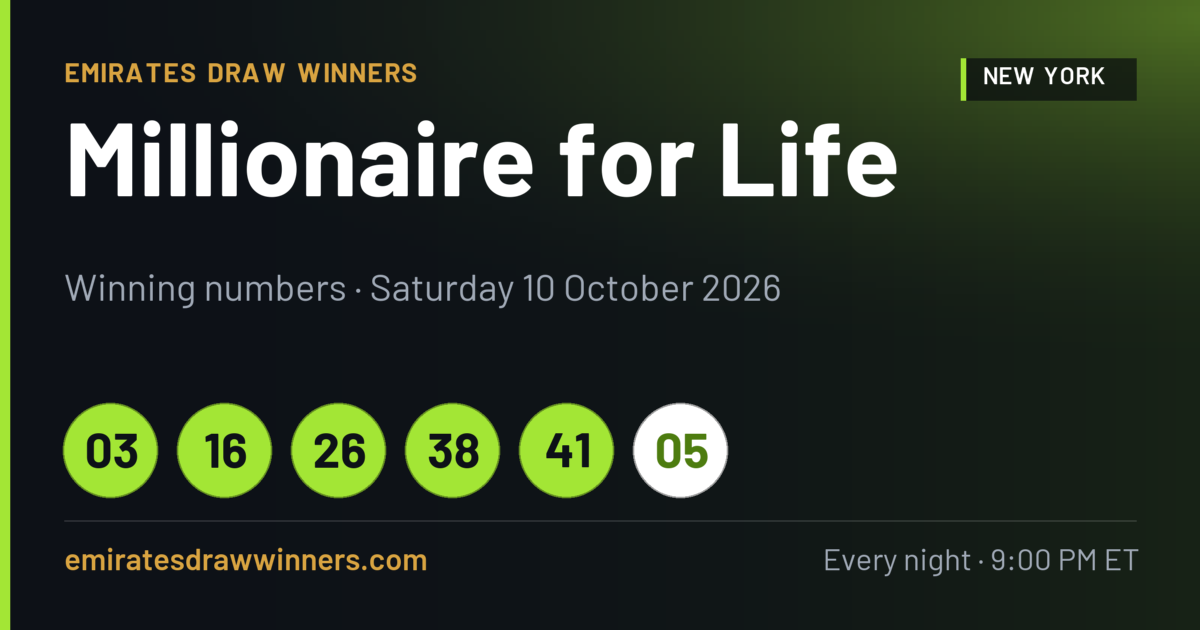 Millionaire for Life Results 9 Oct 2026 — Winning Numbers